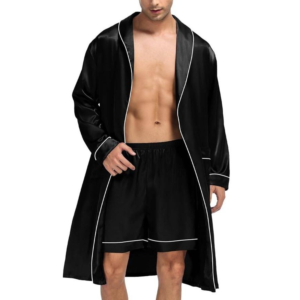 MSRP $34 SWOMOG Men's XL Satin Robe with Shorts Set Silky Kimono Bathrobe